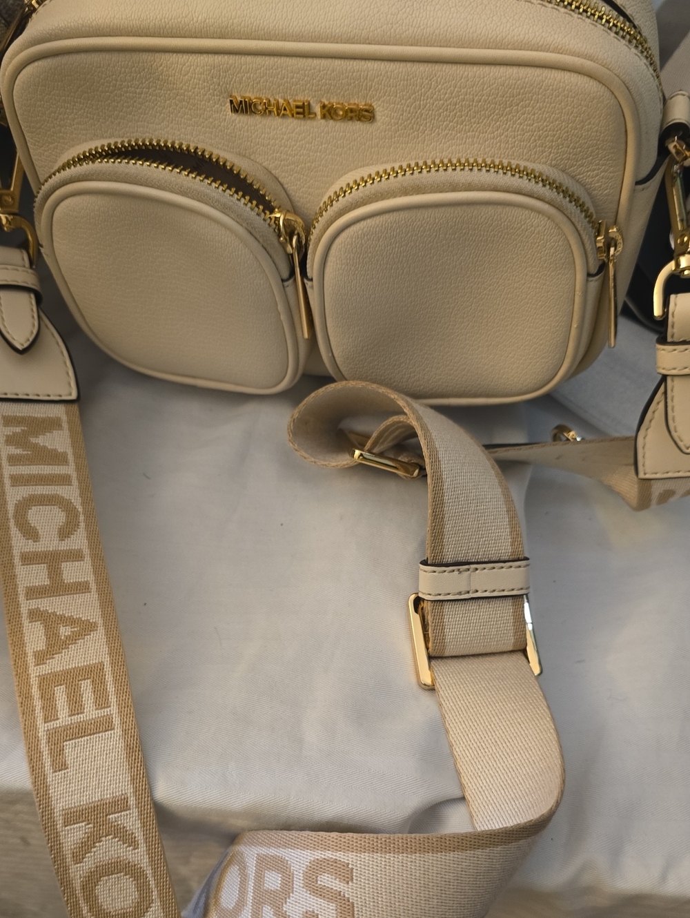 Michael Kors Beige Pebbled Leather Crossbody with Branded Strap